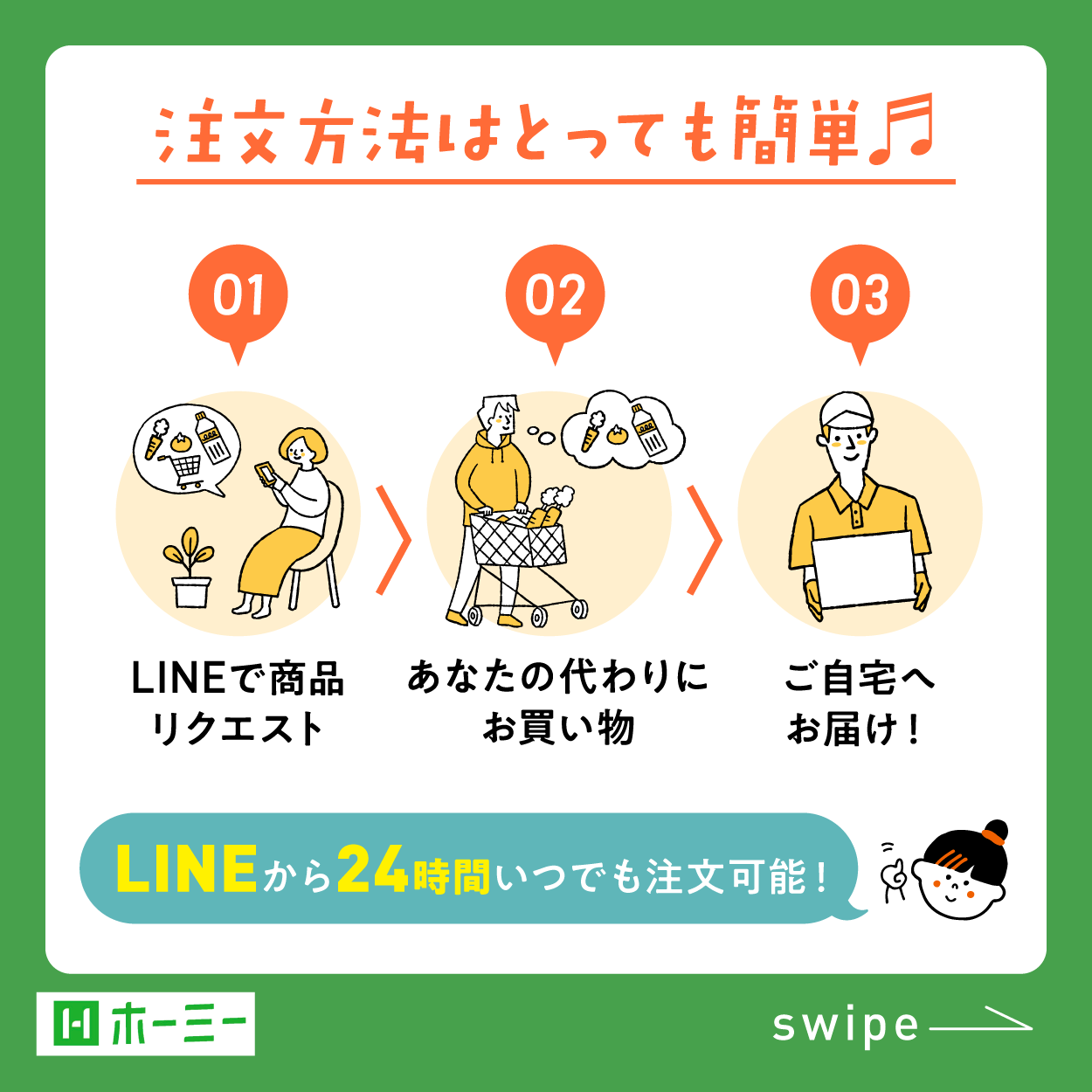 注文方法はとっても簡単：①LINEで商品リクエスト ②あなたの代わりにお買い物 ③ご自宅へお届け